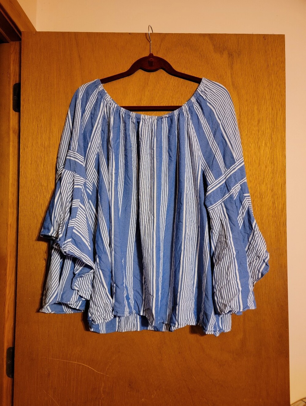 Blue Striped Off-Shoulder Or Scoop-neck Flowy Top